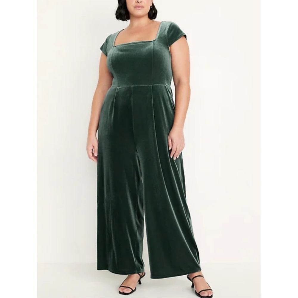 Old Navy Fit & Flare Velvet Wide Leg Jumpsuit Square Neck Green Plus Size 3X